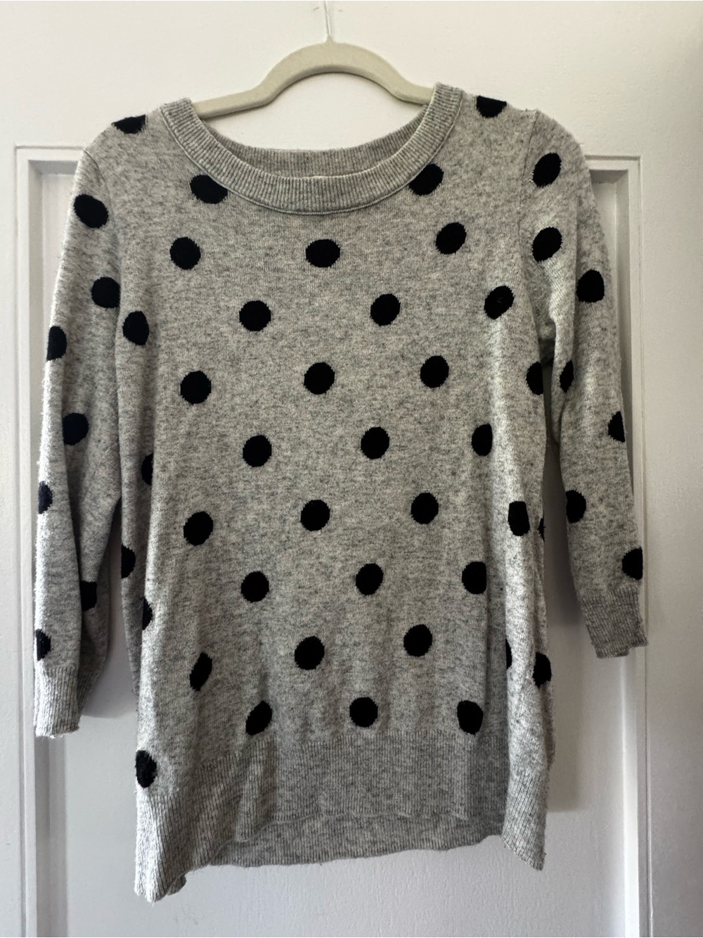 J. Crew Gray Crewneck Sweater with Black Polka Dots